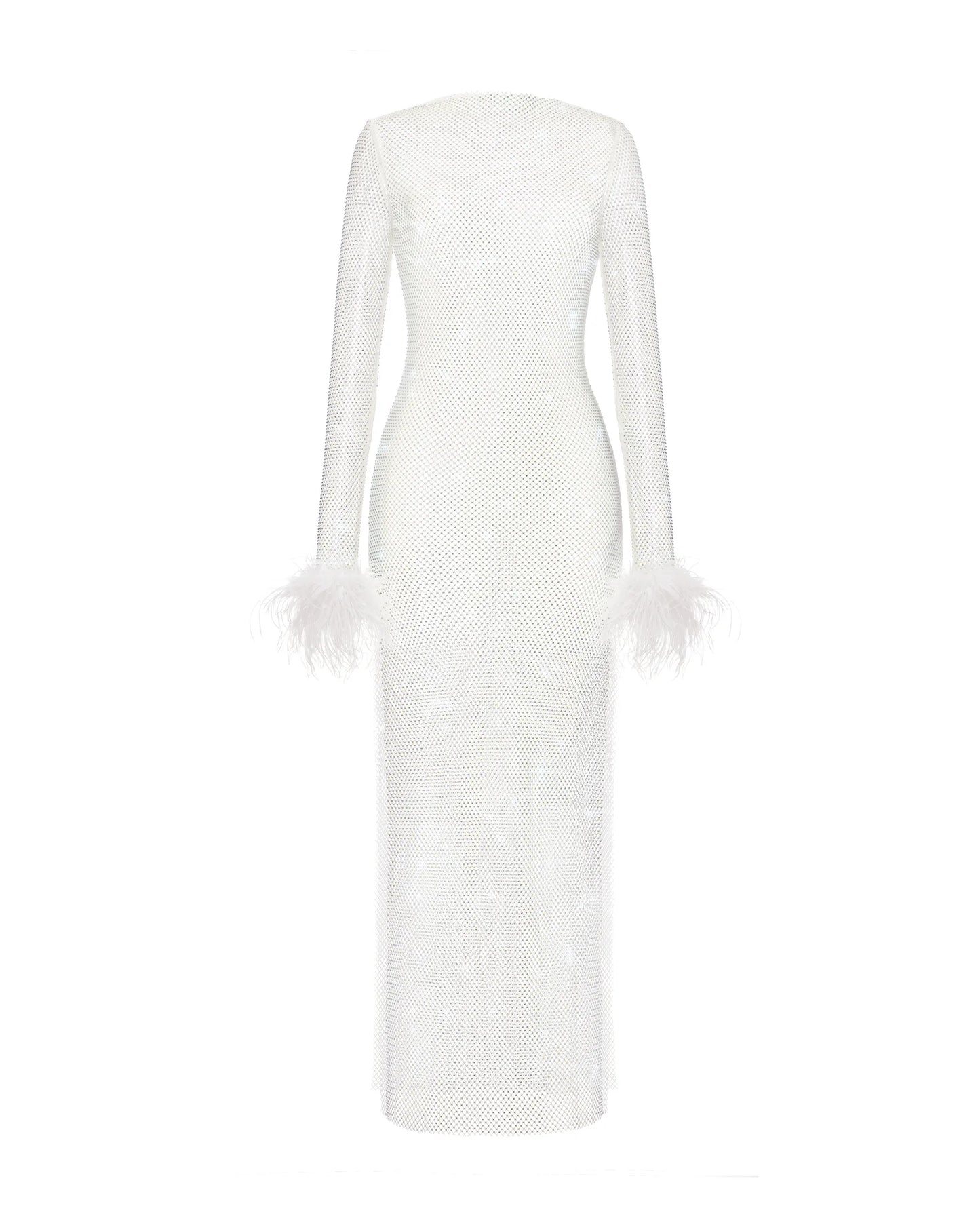 Sheer Mesh Rhinestone Dress with Ostrich Feather Boas