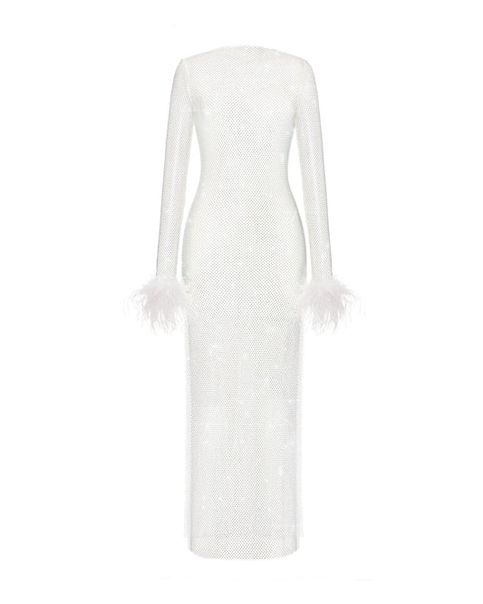 Sheer Mesh Rhinestone Dress with Ostrich Feather Boas